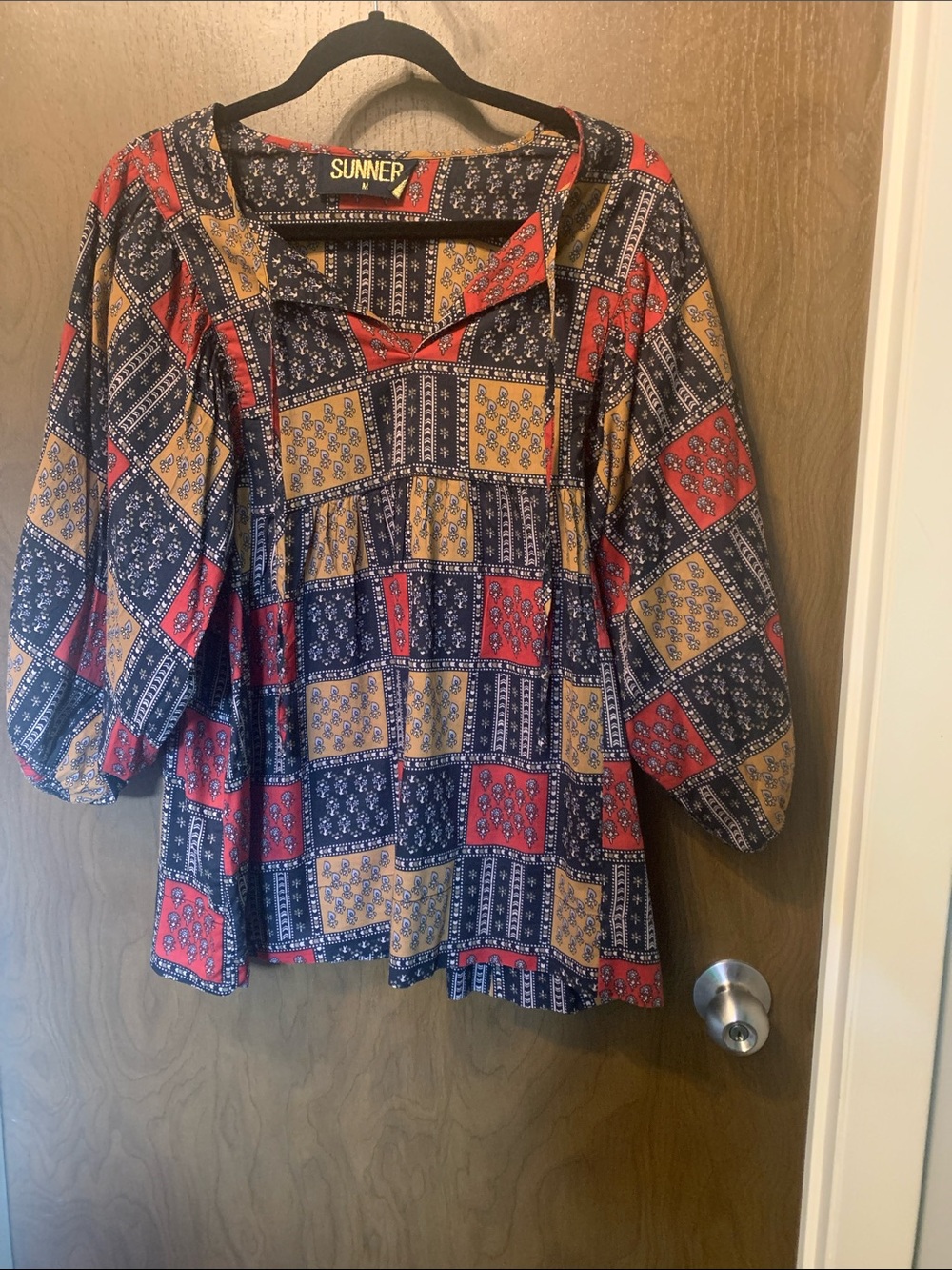 Patchwork Peasant Tunic in Red, Navy & Mustard